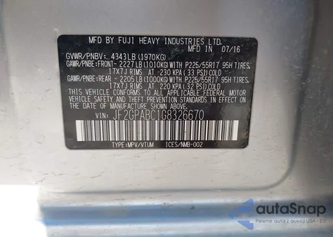 2016 Subaru Crosstrek 2.0I Premium z USA, uszkodzony, nr VIN JF2GPABC1G8326670